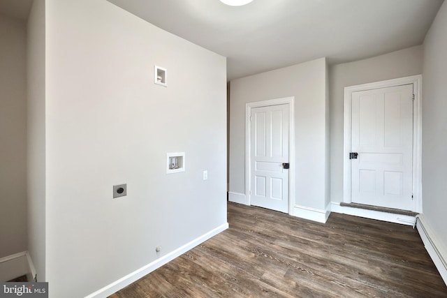 laundry room with electric dryer hookup, wood finished floors, a baseboard radiator, hookup for a washing machine, and laundry area