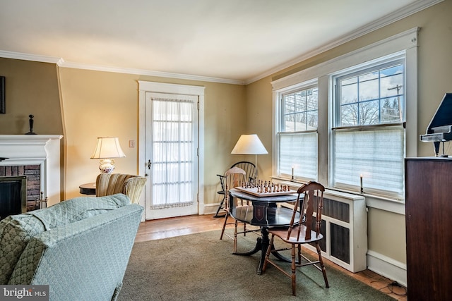 interior space with a wealth of natural light, a fireplace, and ornamental molding