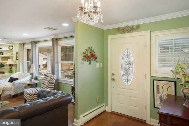 foyer entrance with crown molding, dark wood-style floors, visible vents, and baseboard heating