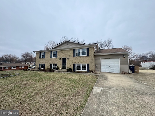 view of front facade featuring concrete driveway, brick siding, a garage, and a front lawn