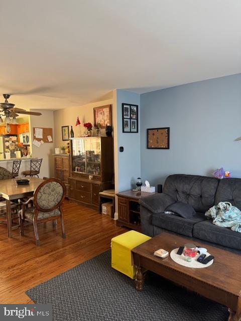 living area with ceiling fan and wood finished floors