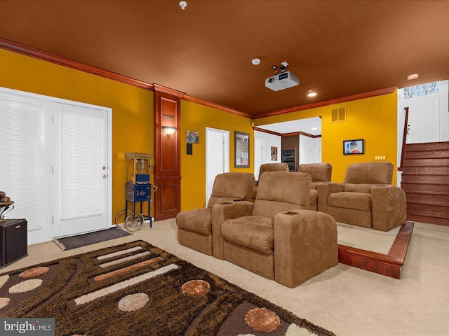 home theater featuring crown molding, recessed lighting, visible vents, and carpet floors