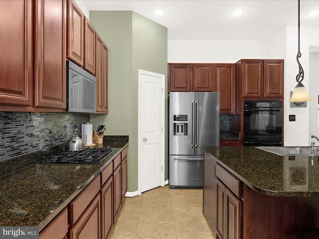 kitchen featuring recessed lighting, backsplash, and black appliances