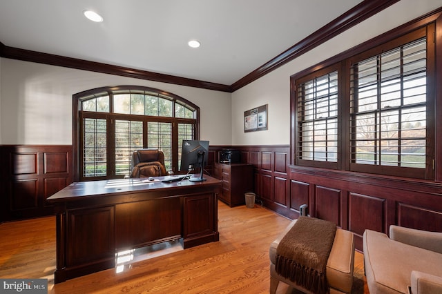 office with recessed lighting, a wainscoted wall, light wood-style floors, and crown molding