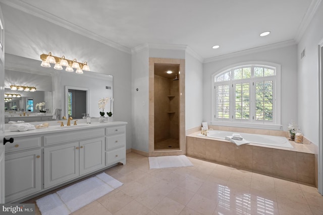 bathroom with visible vents, a tile shower, crown molding, a bath, and vanity