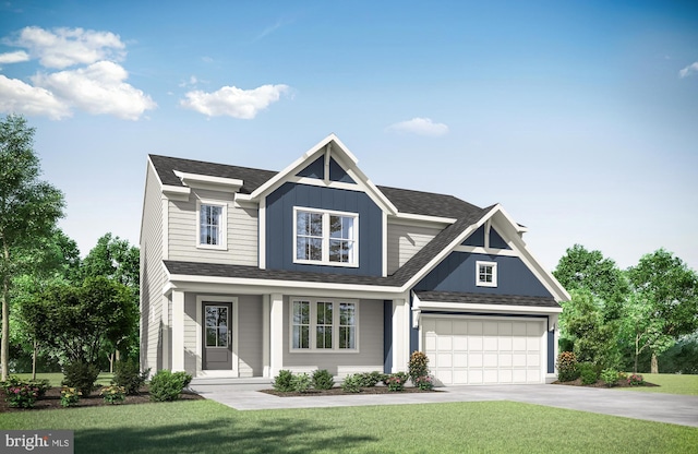 view of front of home with a garage, concrete driveway, a front lawn, and a shingled roof