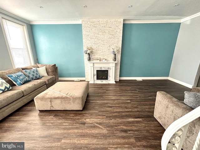 living area featuring wood finished floors, baseboards, a high end fireplace, and ornamental molding