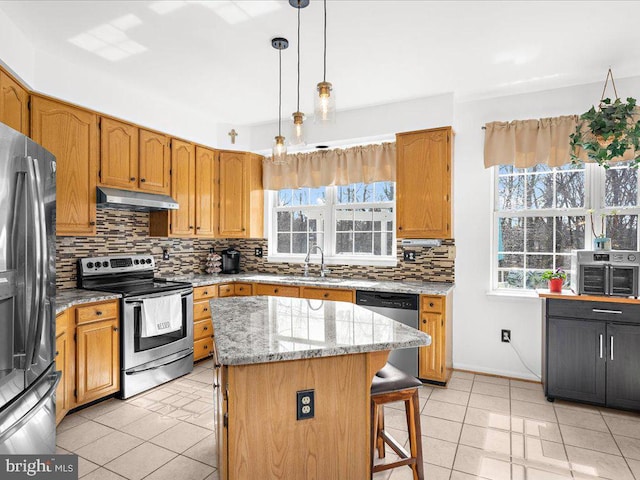 kitchen with a wealth of natural light, under cabinet range hood, a sink, tasteful backsplash, and stainless steel appliances