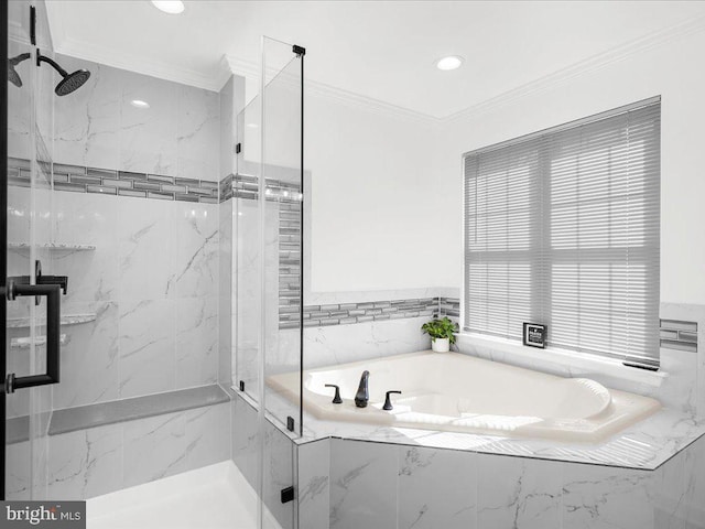 full bathroom featuring a bath, recessed lighting, a marble finish shower, and ornamental molding