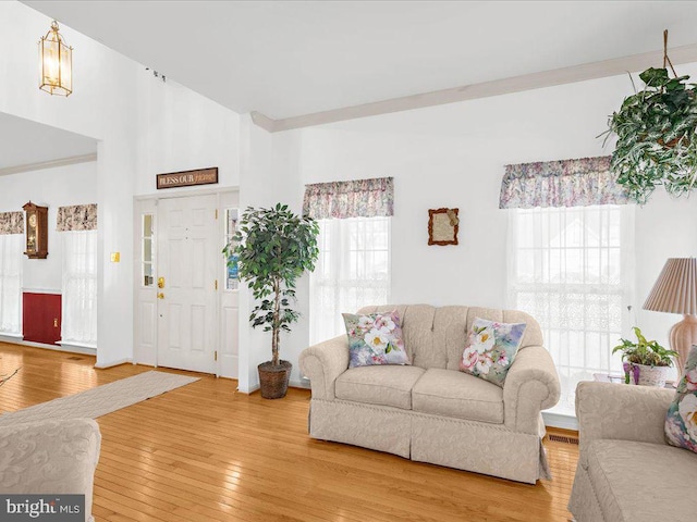 living area featuring light wood-style floors and visible vents