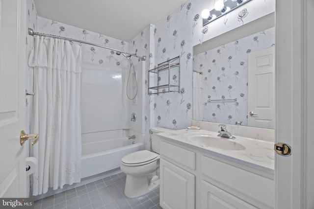 full bathroom with tile patterned flooring, toilet, and wallpapered walls