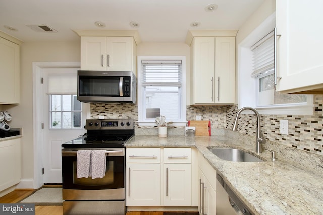 kitchen featuring a sink, light stone countertops, appliances with stainless steel finishes, and a wealth of natural light