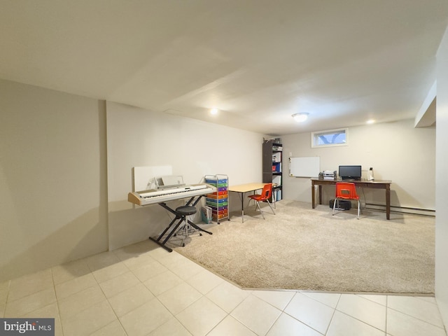 tiled office with a baseboard heating unit and carpet