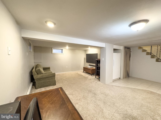 living room with light carpet and stairs