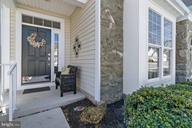 property entrance with stone siding