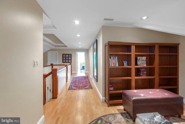 corridor featuring visible vents, recessed lighting, light wood-type flooring, and baseboards