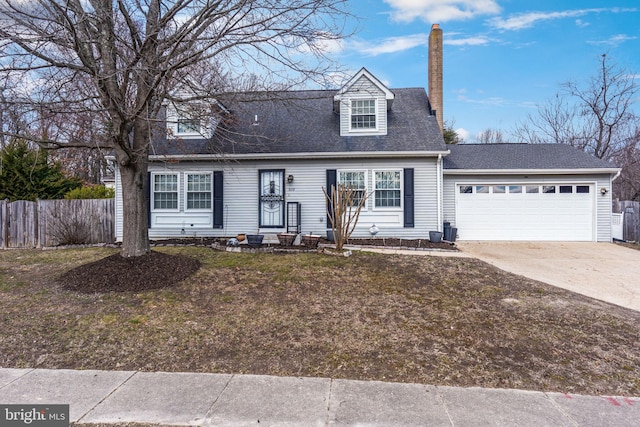 cape cod home with driveway, fence, a shingled roof, a garage, and a chimney