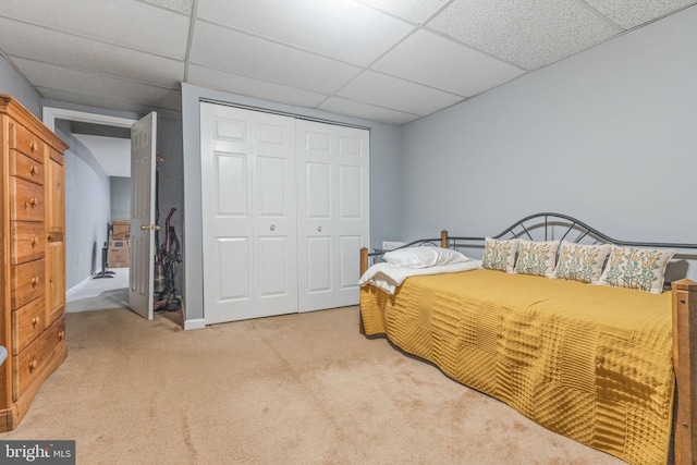 carpeted bedroom with a drop ceiling and a closet