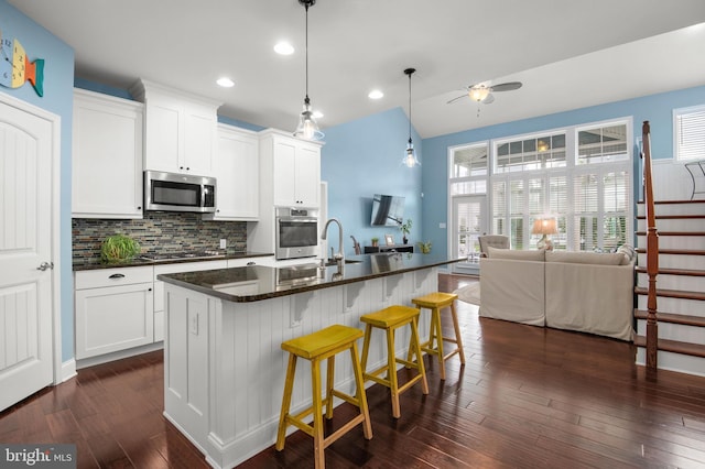 kitchen with a wealth of natural light, stainless steel appliances, and dark wood finished floors