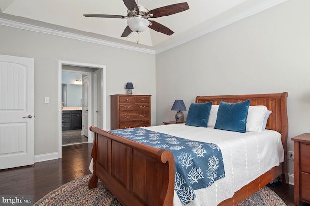 bedroom featuring dark wood-type flooring, ornamental molding, baseboards, and ceiling fan