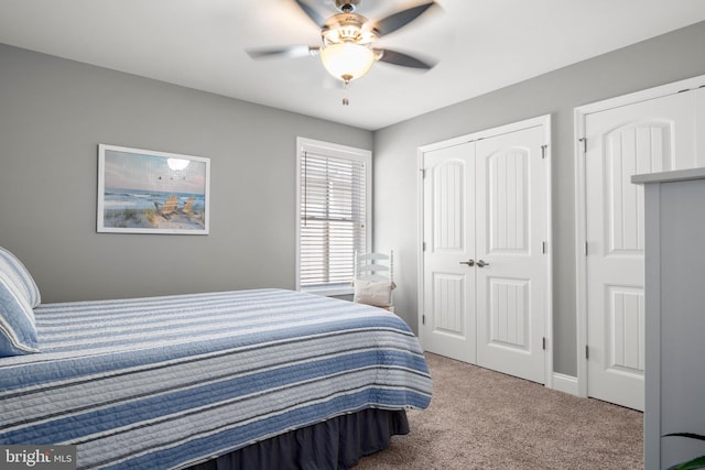 bedroom featuring a closet, carpet flooring, and ceiling fan