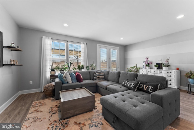 living area featuring recessed lighting, baseboards, and wood finished floors