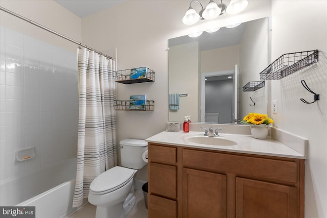 full bathroom featuring shower / tub combo, toilet, and vanity