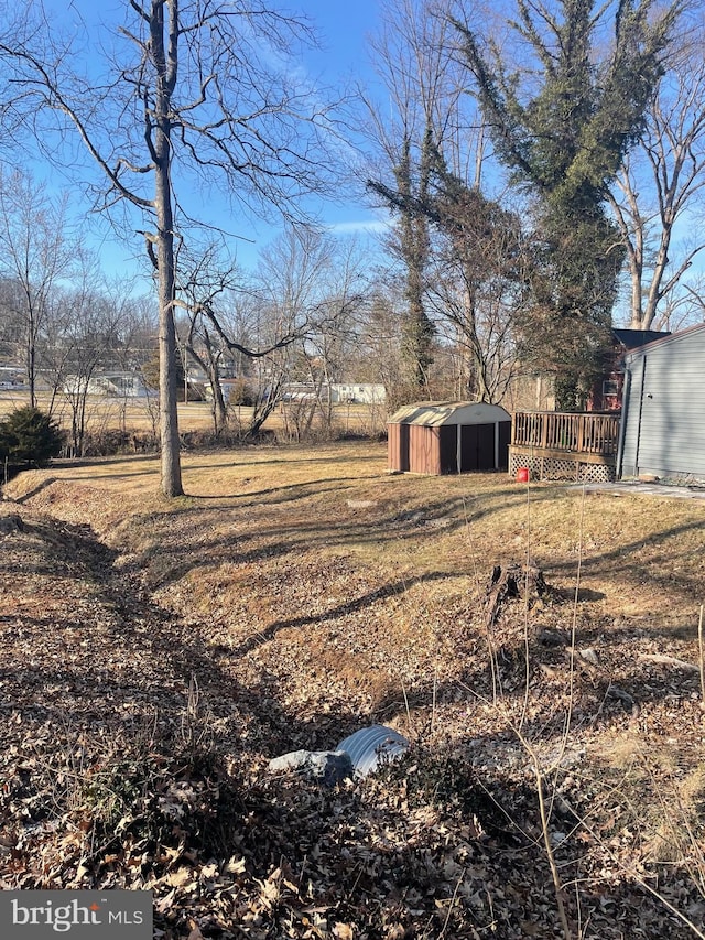 view of yard featuring a storage unit, a wooden deck, and an outdoor structure