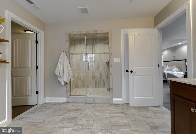 bathroom featuring ensuite bath, a shower stall, baseboards, and visible vents