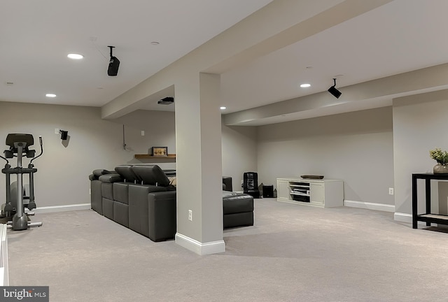 interior space with recessed lighting, baseboards, and light carpet