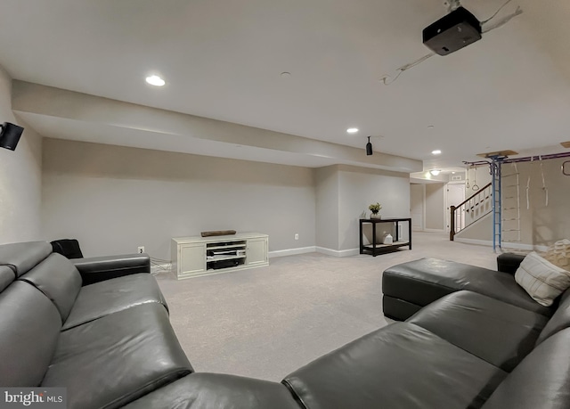 living room featuring recessed lighting, light colored carpet, stairs, and baseboards