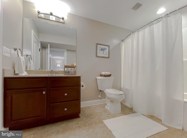 bathroom with visible vents, toilet, curtained shower, tile patterned flooring, and vanity