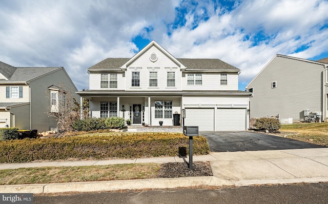 view of front of house featuring aphalt driveway, an attached garage, and covered porch