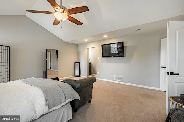 bedroom featuring visible vents, light carpet, high vaulted ceiling, and baseboards