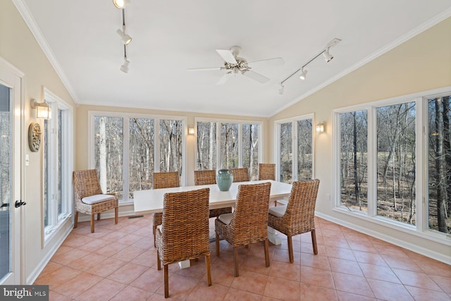 sunroom featuring ceiling fan, rail lighting, and lofted ceiling