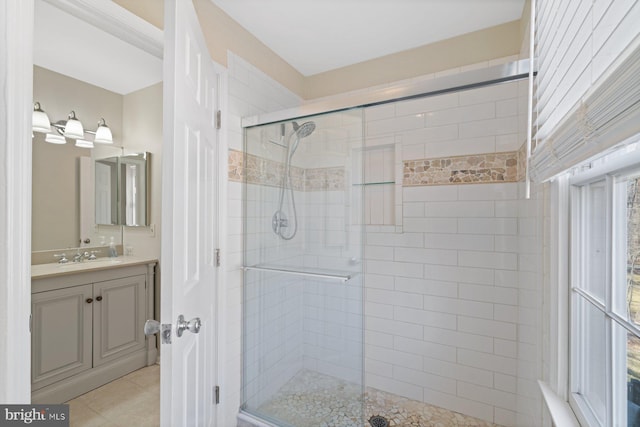 bathroom featuring vanity, a shower stall, and tile patterned floors