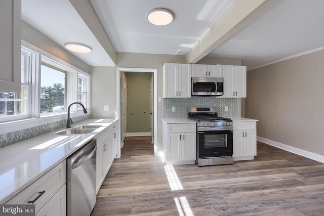 kitchen featuring light wood-type flooring, a sink, backsplash, appliances with stainless steel finishes, and white cabinets