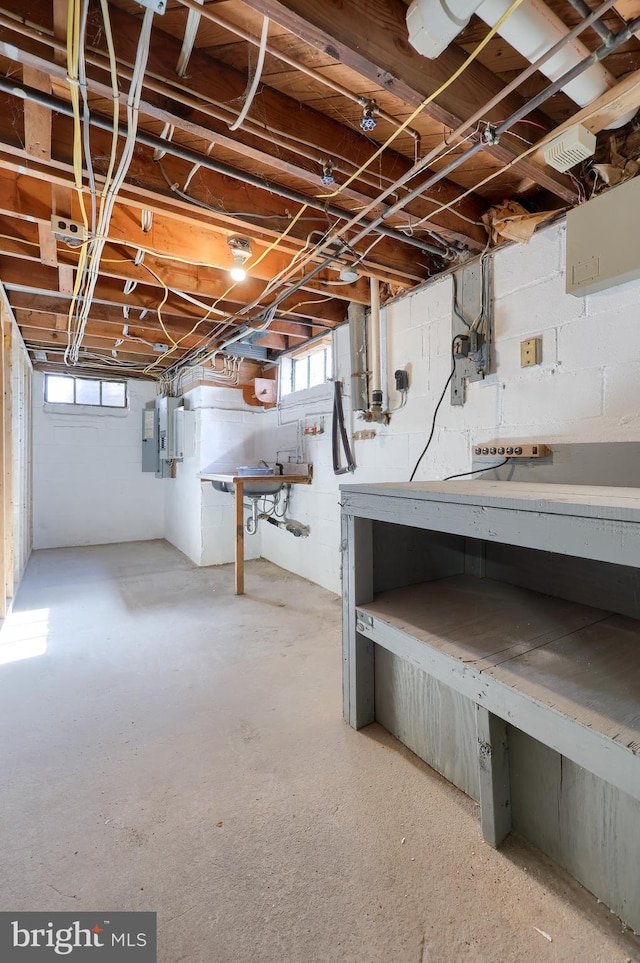 below grade area featuring a workshop area, electric panel, and a healthy amount of sunlight