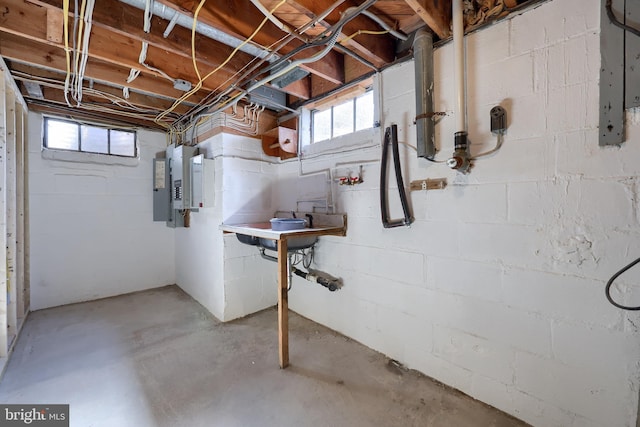 below grade area featuring electric panel, a healthy amount of sunlight, and a sink