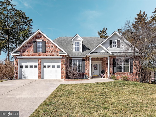 view of front of home with an attached garage, a shingled roof, a front lawn, concrete driveway, and brick siding