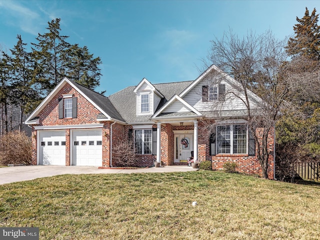 traditional-style home featuring brick siding, a shingled roof, concrete driveway, a front yard, and an attached garage