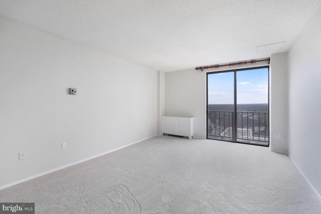 spare room featuring carpet flooring, radiator heating unit, baseboards, and a textured ceiling