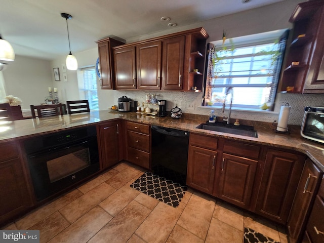 kitchen featuring a sink, black appliances, tasteful backsplash, and open shelves