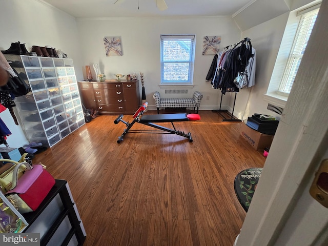 exercise area featuring ceiling fan, ornamental molding, wood finished floors, and baseboards