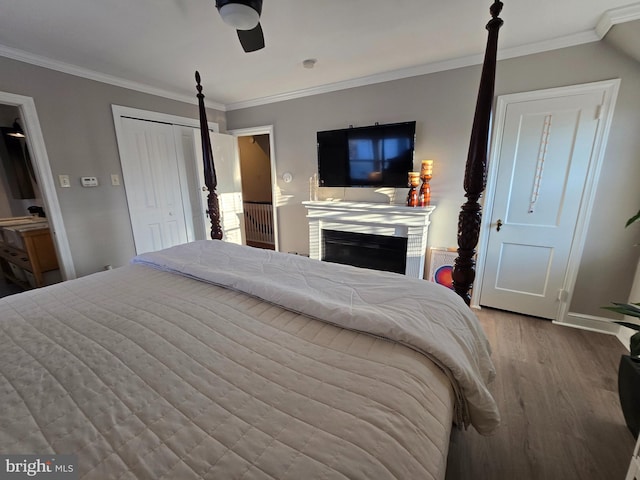 bedroom with ornamental molding, a ceiling fan, a fireplace, and wood finished floors