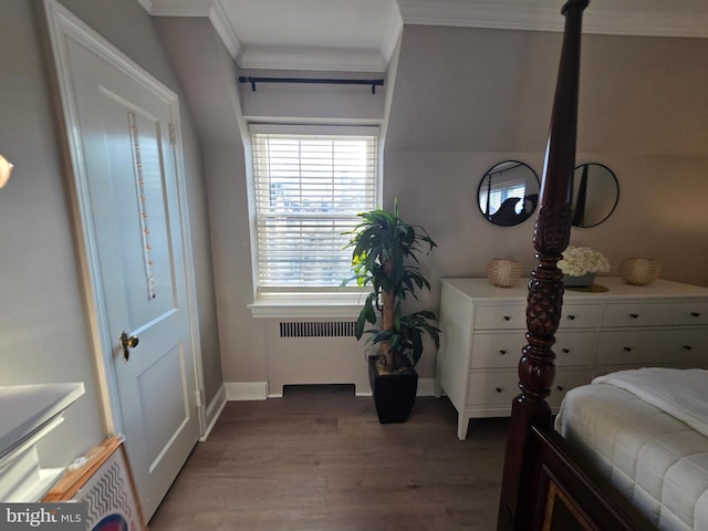 bedroom featuring crown molding, baseboards, wood finished floors, and radiator