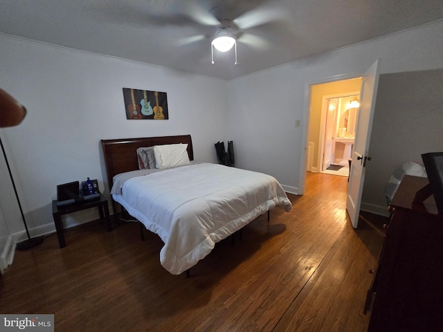 bedroom featuring wood-type flooring, ceiling fan, and baseboards