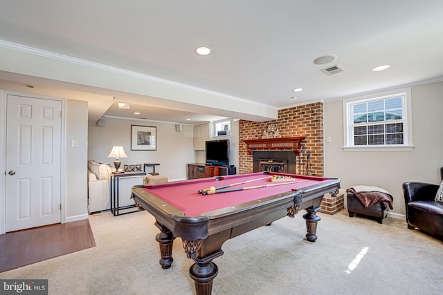 playroom with baseboards, visible vents, ornamental molding, pool table, and light carpet