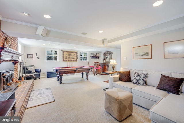 rec room with carpet flooring, recessed lighting, pool table, and ornamental molding