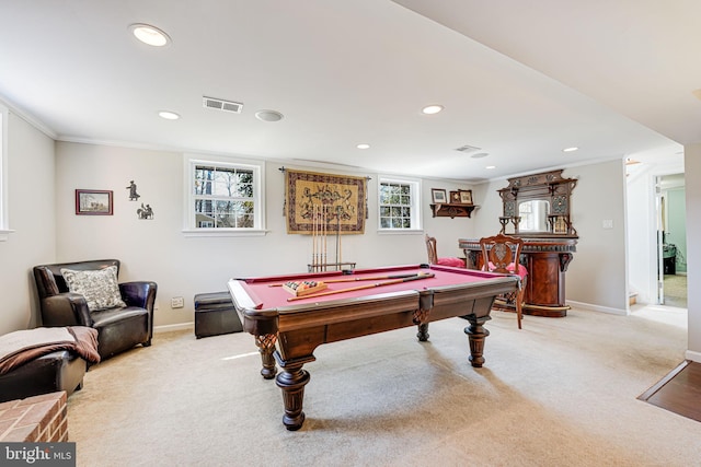 game room featuring crown molding, carpet, and visible vents